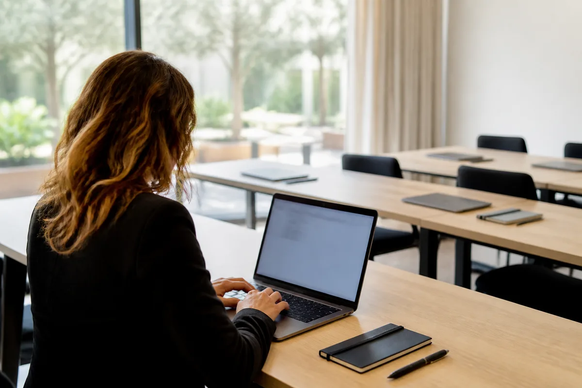Personne rédigeant un compte rendu professionnel sur un ordinateur portable