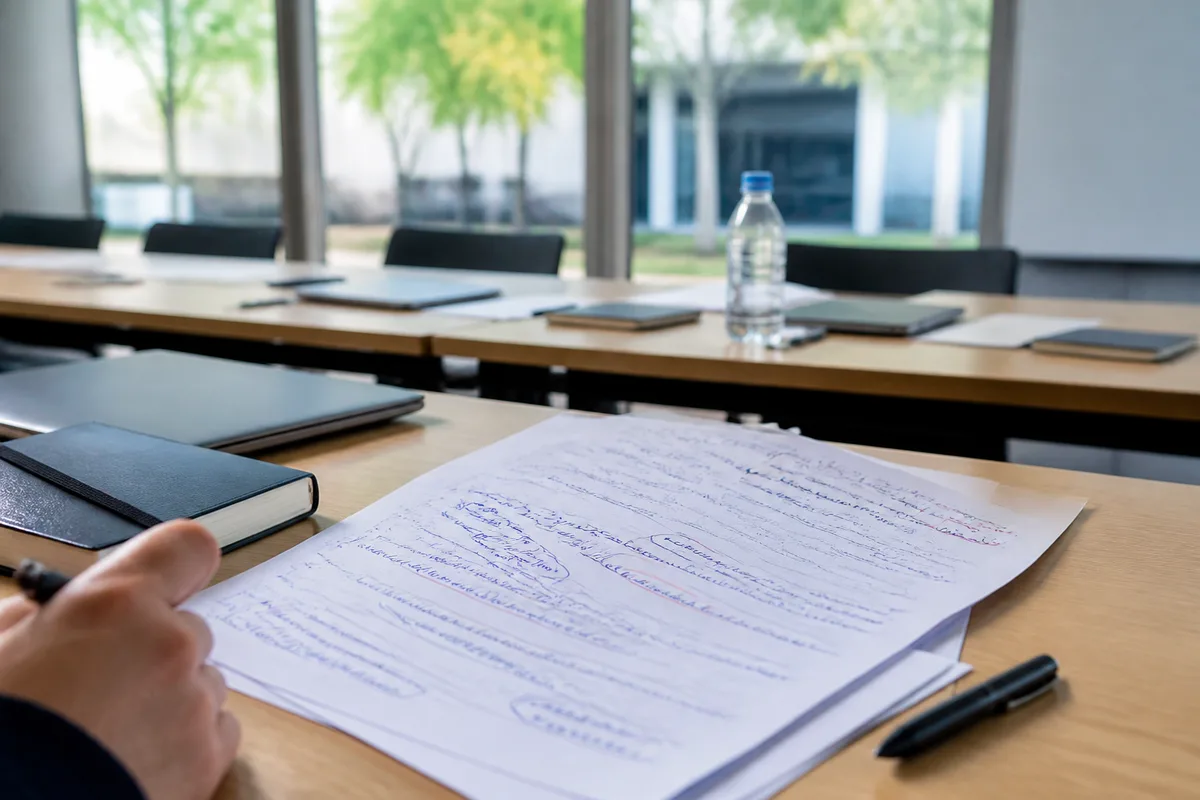 Document professionnel annoté au stylo lors d’une phase de relecture