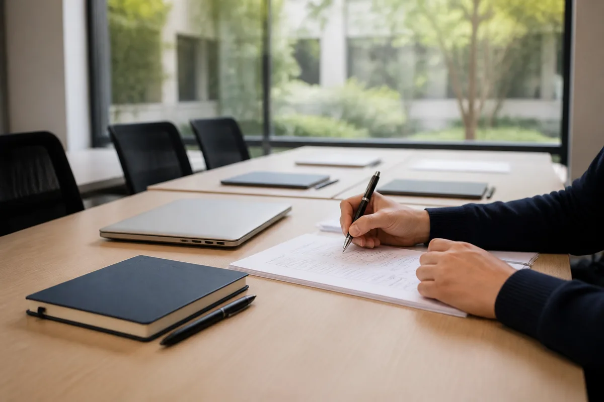 Personne annotant un document de projet professionnel sur un bureau de travail