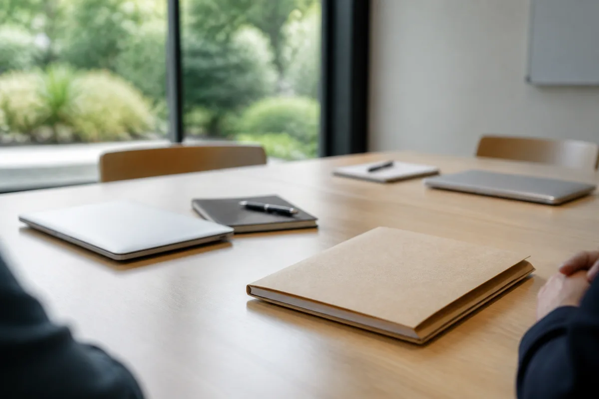 Dossier confidentiel posé sur une table lors d’un entretien individuel