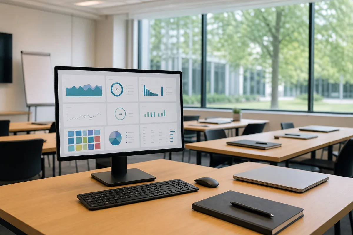 Écran affichant un tableau de bord de gestion avec plusieurs indicateurs chiffrés