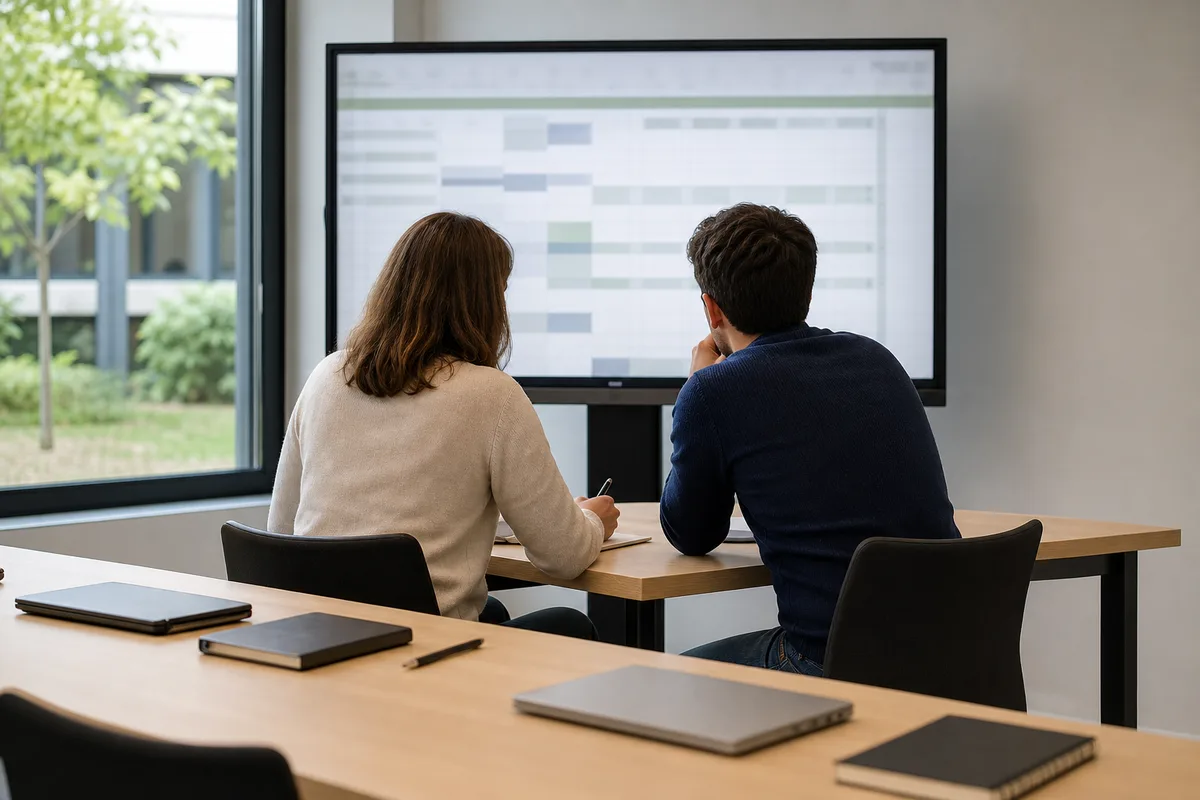Deux collègues examinant ensemble un classeur partagé sur un grand écran