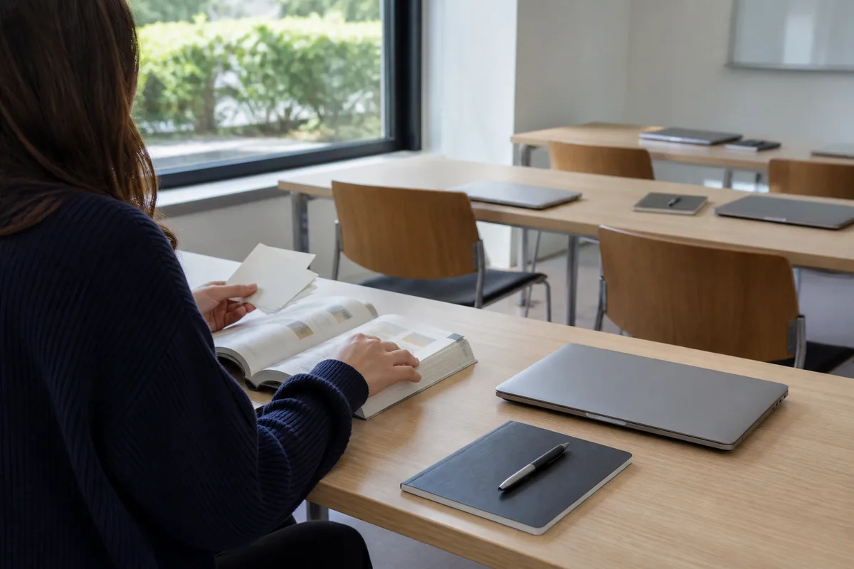Personne apprenant le français avec un manuel et des fiches de vocabulaire