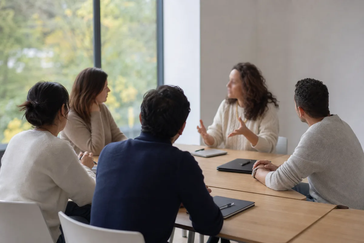 Groupe d’apprenants pratiquant l’oral autour d’une table de travail