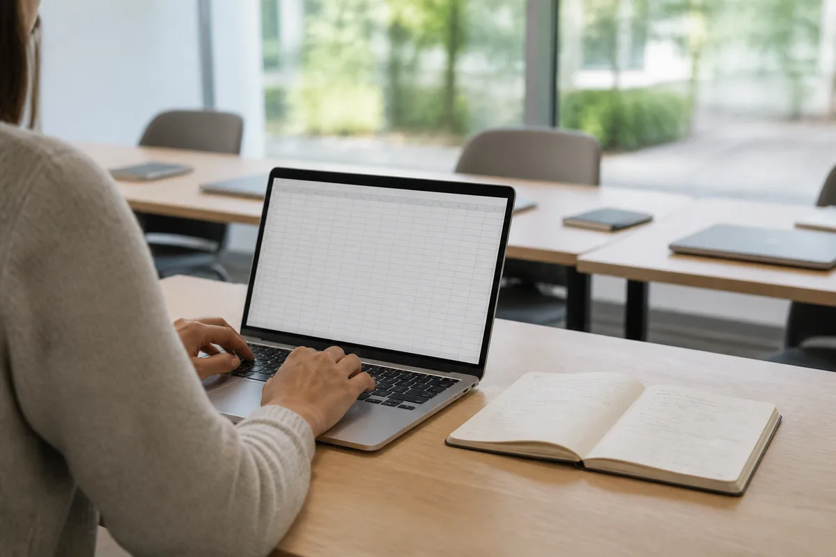 Personne s’exerçant sur un tableur avec un carnet de notes ouvert à côté du clavier